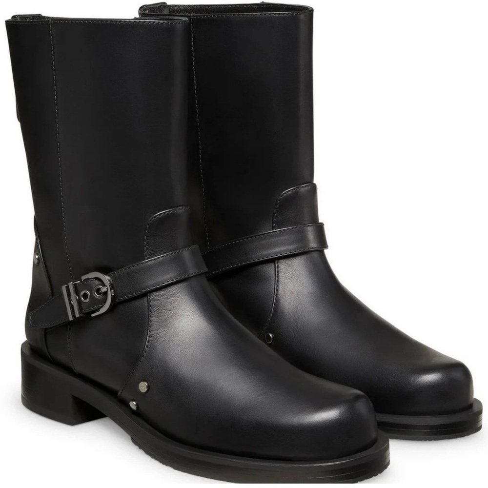 Stuart Weitzman Maverick Pull-On Bootie Black Leather Buckle Studs Heel 6 36.5